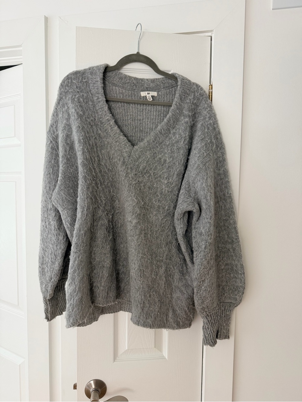 bp Women's Gray Fuzzy V-Neck Sweater